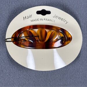 Vtg Tortoise Shell Look Barrette Hair Clip Oval France French Made Leaf NOS 2.5”